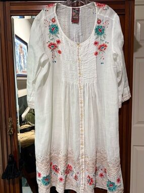 Johnny Was White Embroidered Dress with Teal & Coral Floral Detail